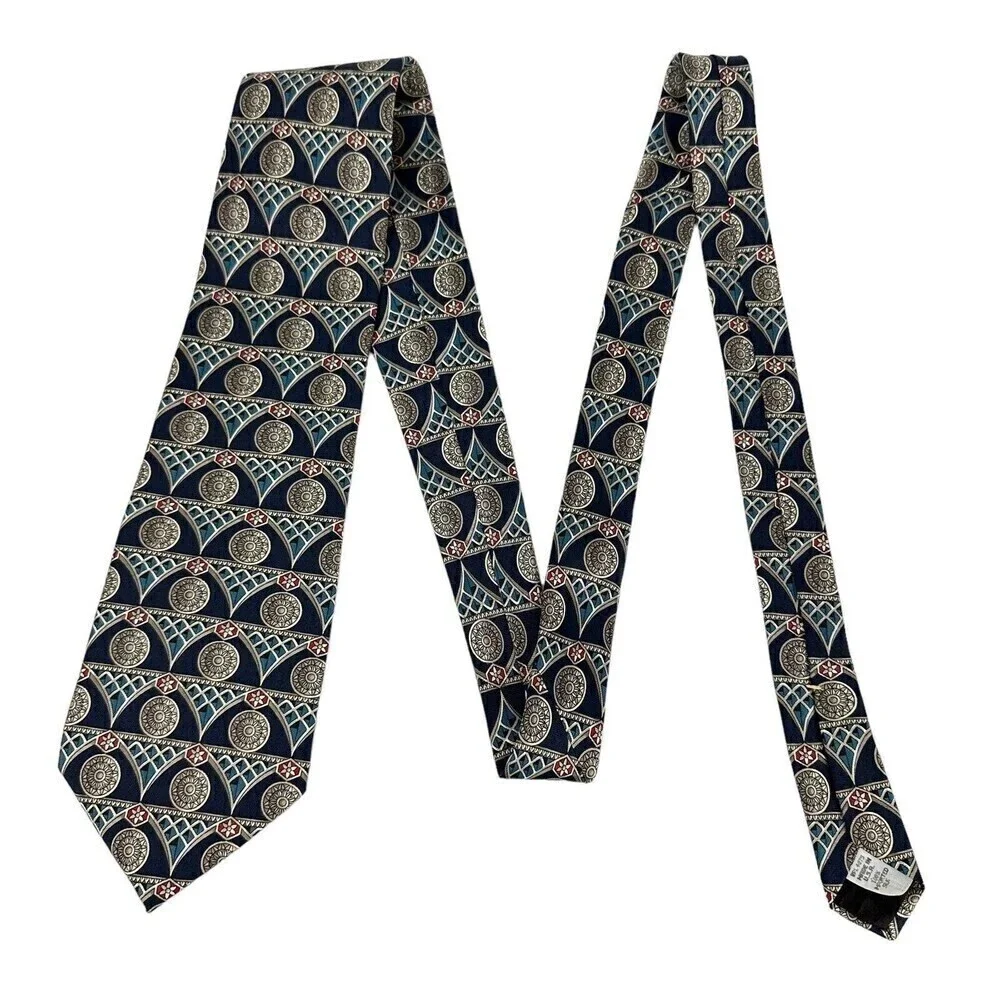 Oscar De La Renta Tie Mens Navy Medallion 100% Silk Necktie Woven Made in Italy